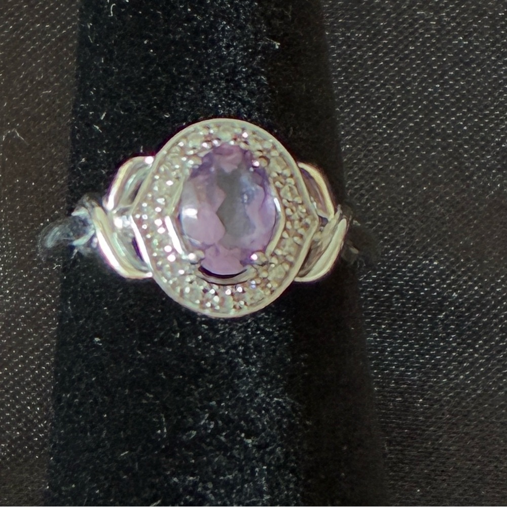 AVON Sterling Silver Fancy Genuine Amethyst Ring CZ-Embellished Setting Size 6